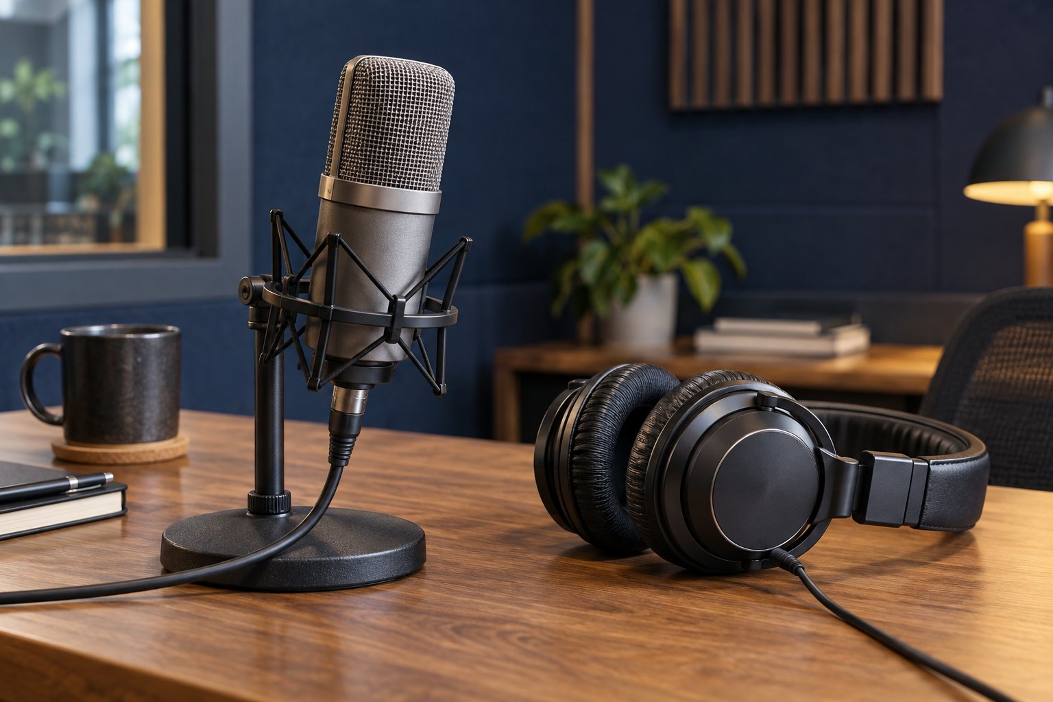 Illustrative voice recording microphone and headphones