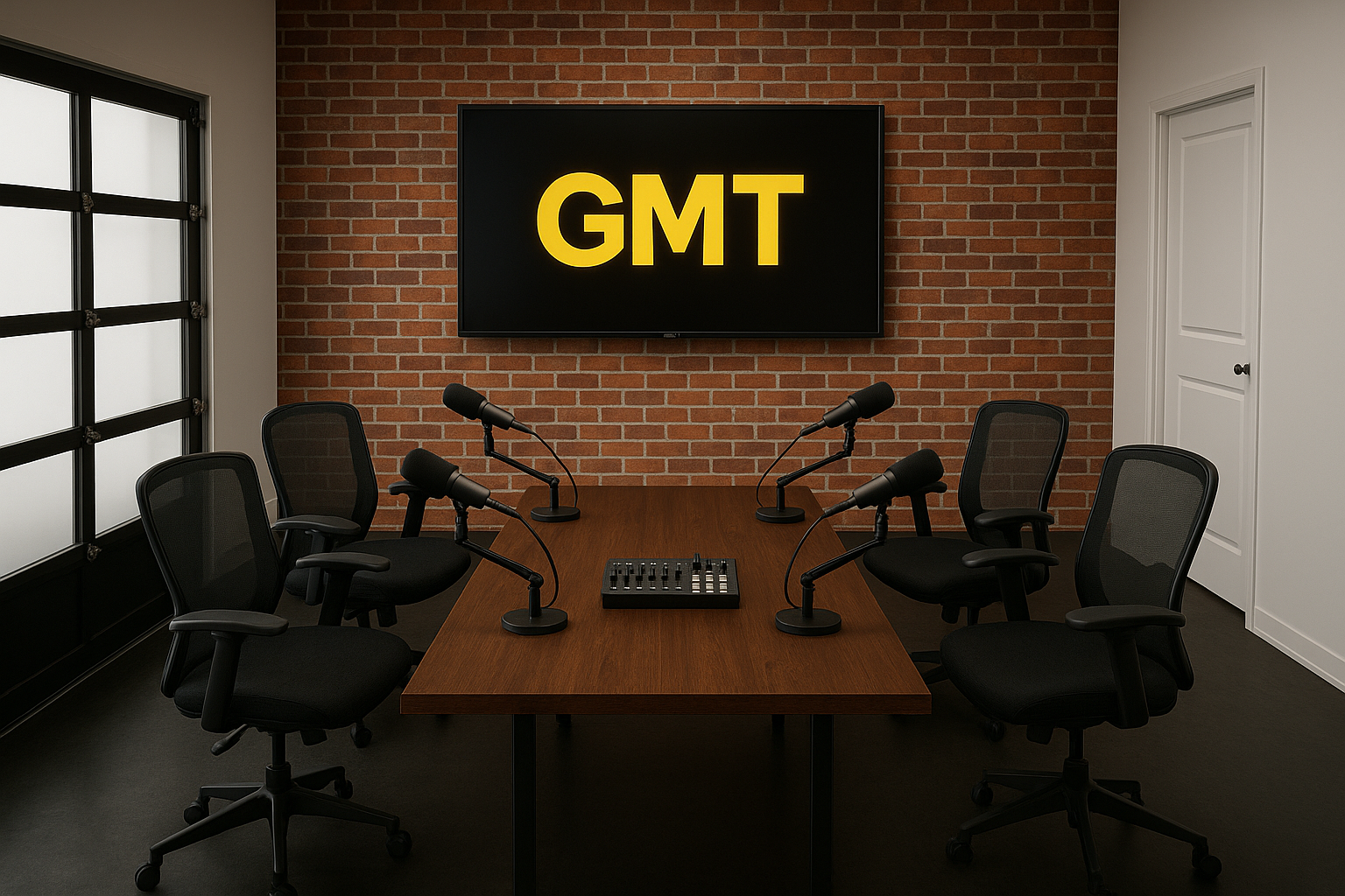 Grown Men Talk podcast studio concept with four microphones and a gold GMT display
