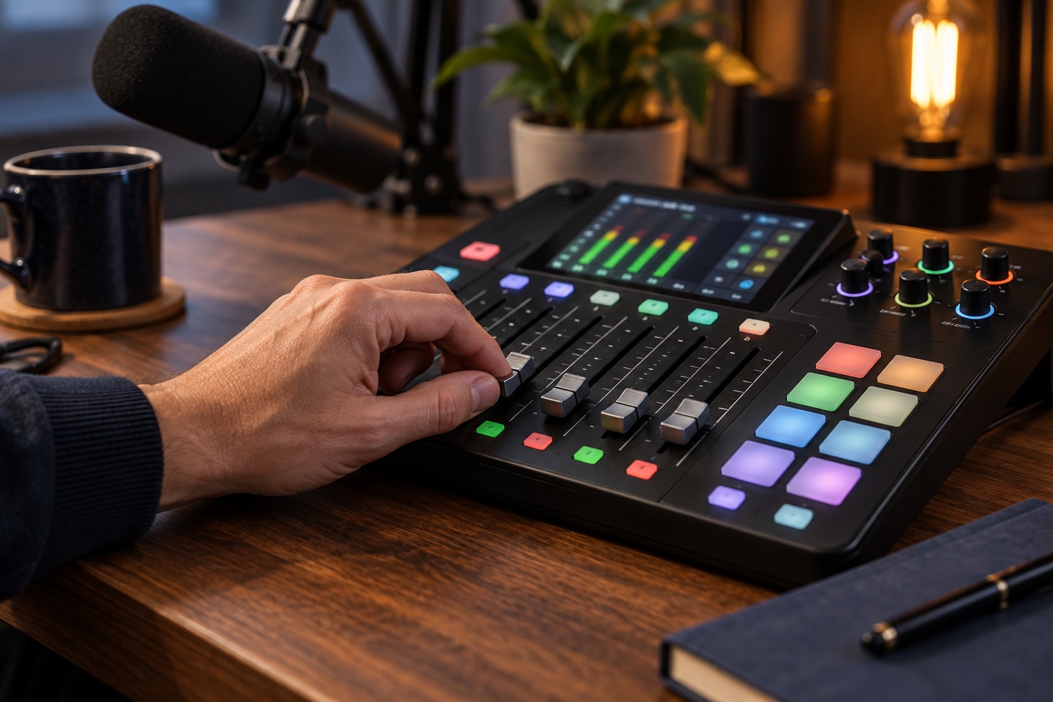 Illustrative close-up of a podcast mixer being adjusted in a recording studio