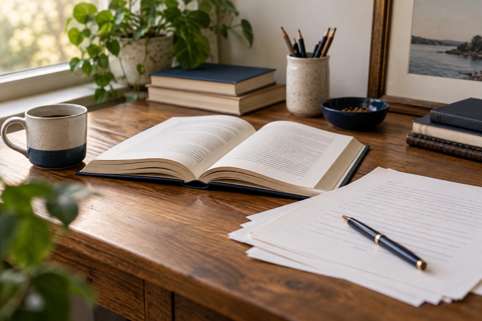 Illustrative publishing desk with books and manuscript pages