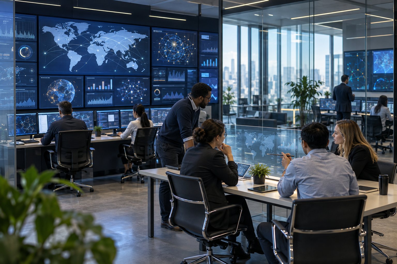 Illustrative technology command center with professionals and display screens